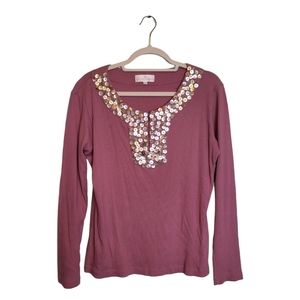 Soft Surroundings Button Embellished Mauve Ribbed Henley Top Size Large